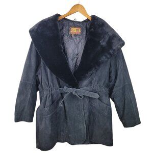 Vintage Suede Leather Coat Plus 22/24 3X Black Hooded Winter Faux Fur Warm